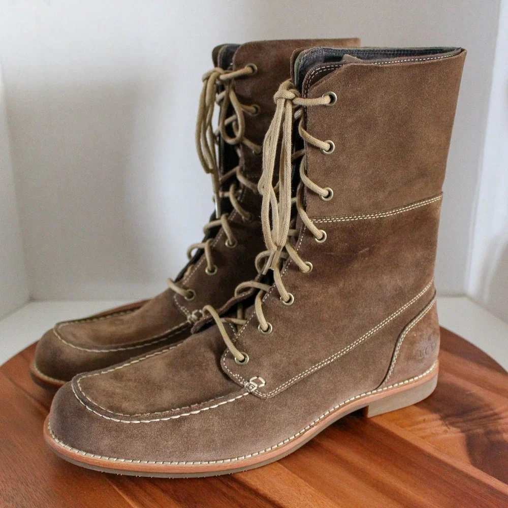 UGG Australia Lace Up Boots Mens 10 Brown Suede Moc Toe Fold Over 1001908